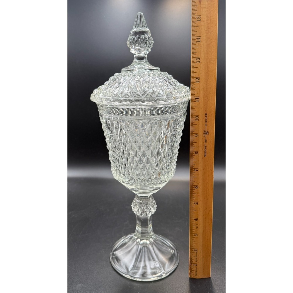 Vtg Indiana Glass 15.75 in Diamond Point Lidded Apothecary Jar Chalice Orig Box - Picture 8 of 8